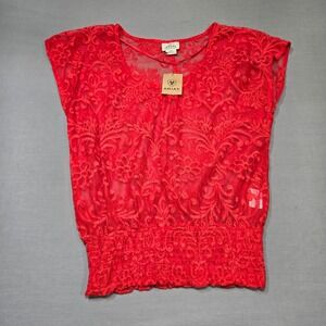 NWT Womens Whimsigoth Vampire Lace Size S Red Romantic Sheer Smocked Waist Top